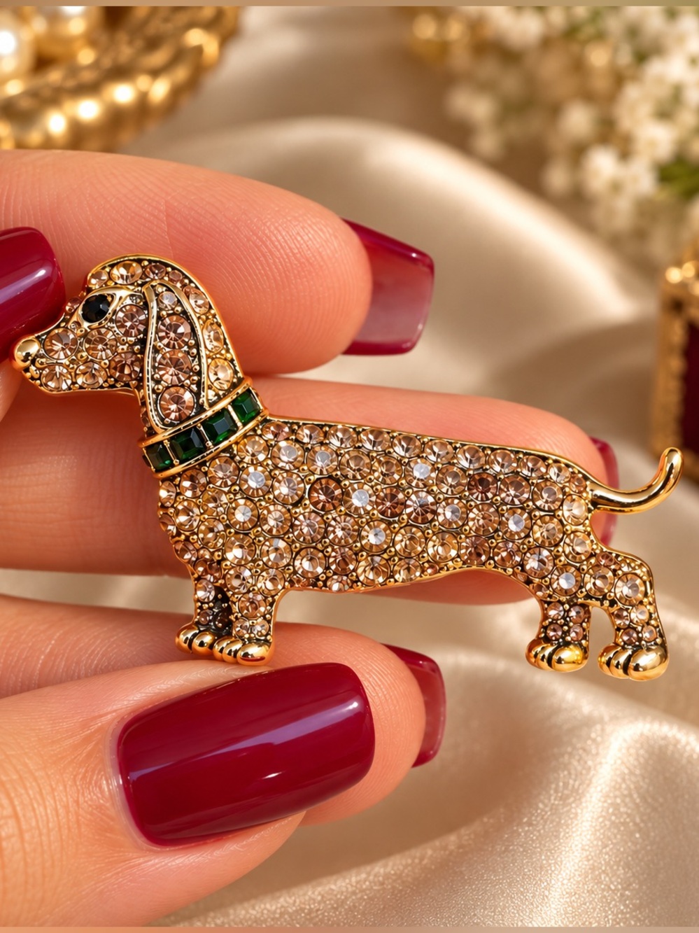Gold Crystal Dachshund Brooch with Green Collar